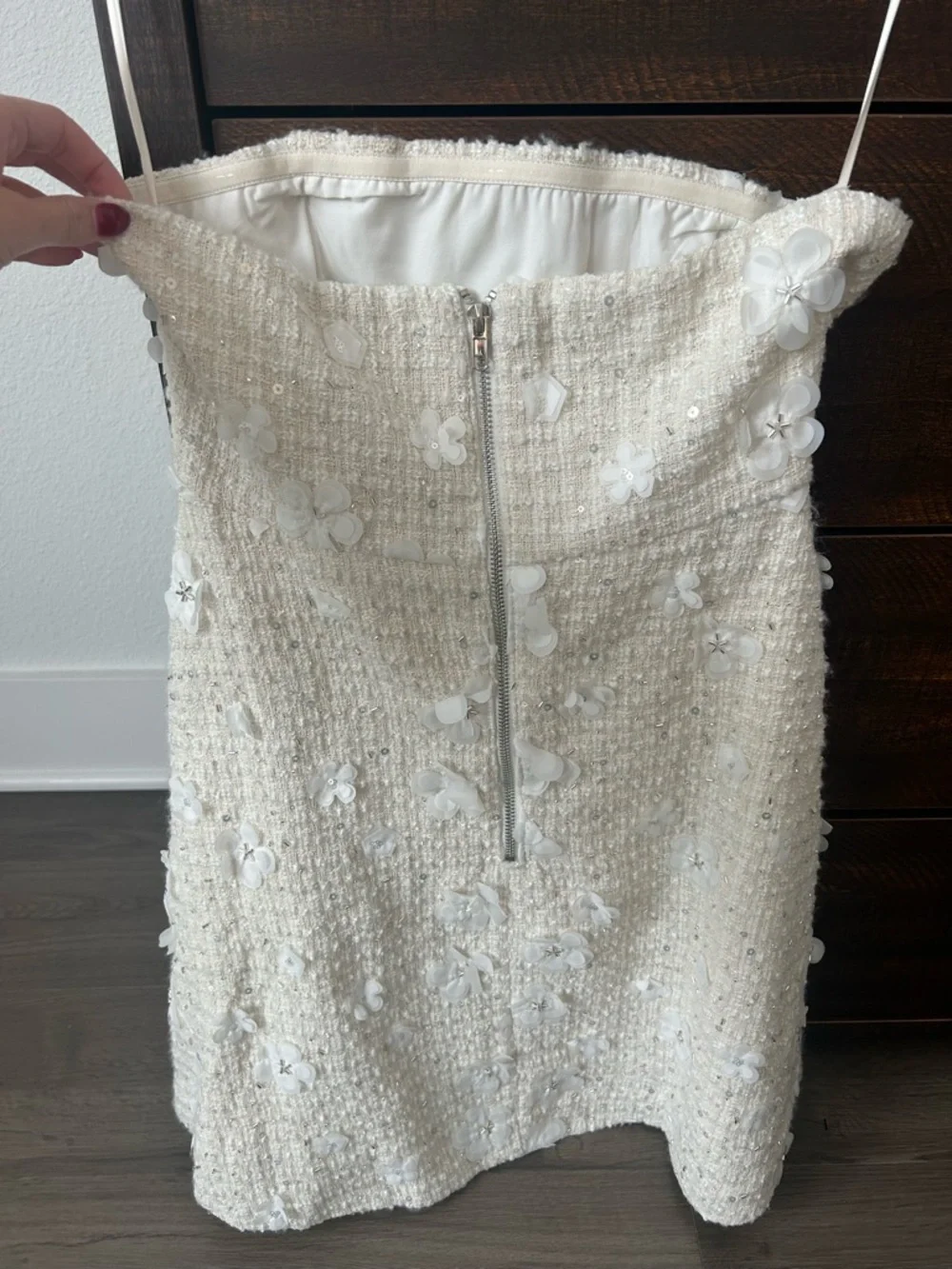 Anthropologie Cream Floral Appliqué Strapless Tweed Dress - Picture 4 of 4